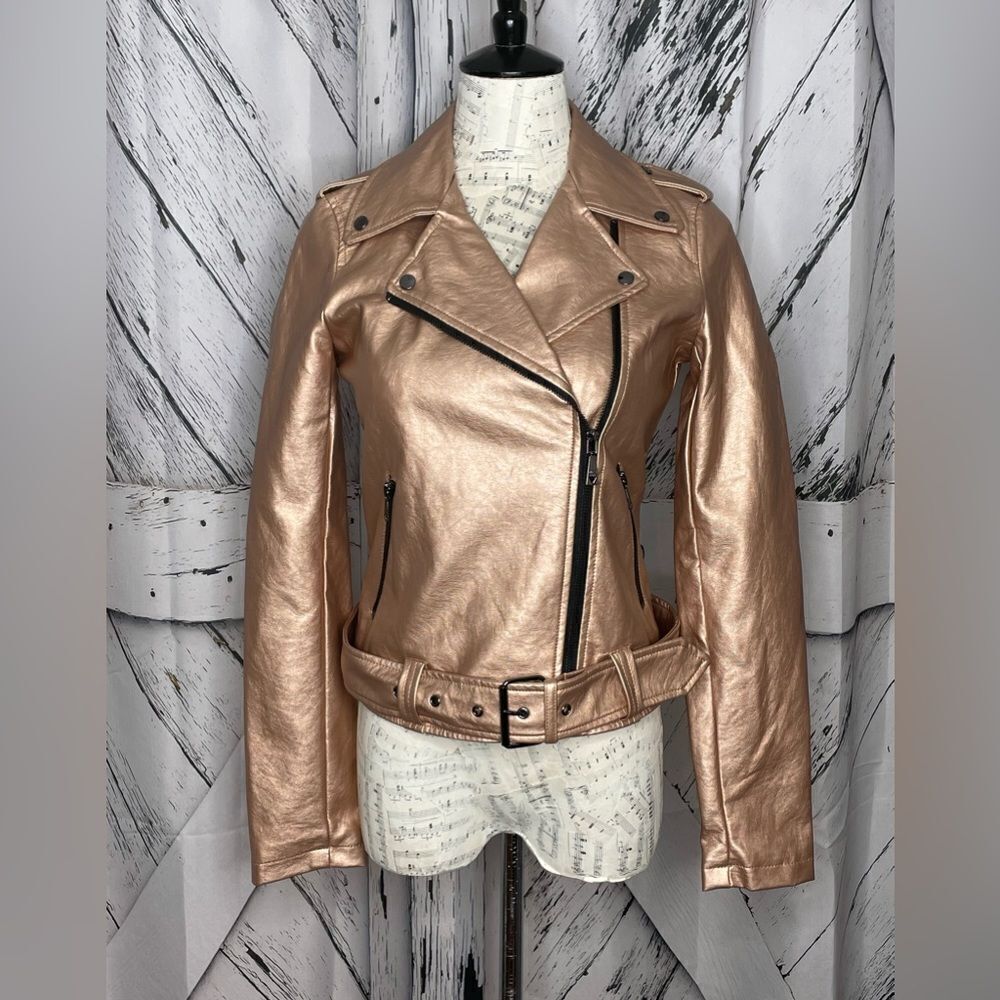 NWT GUESS Moto Jacket Faux Leather Rose Gold Metallic XS